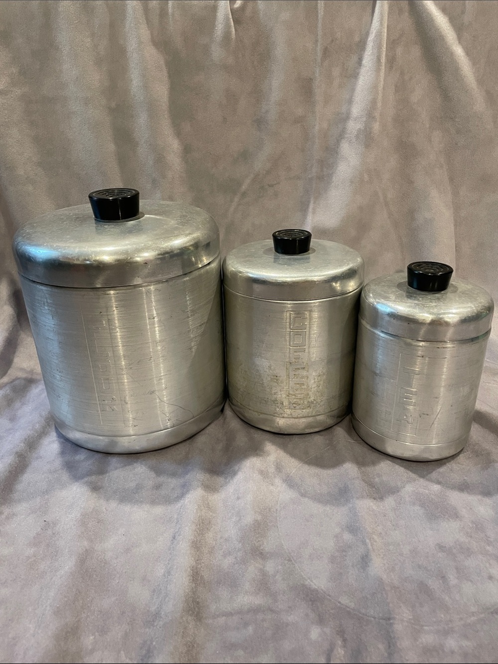 Vintage Aluminum Kitchen Canister Set with Black Knob Lids - Silver